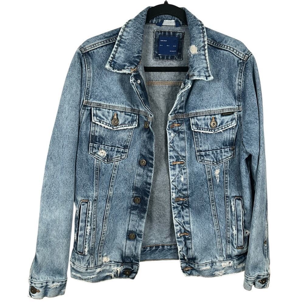ZARA MAN 90s Denim Jacket Mens M Distressed Light Wash Trucker Button Jean Y2K